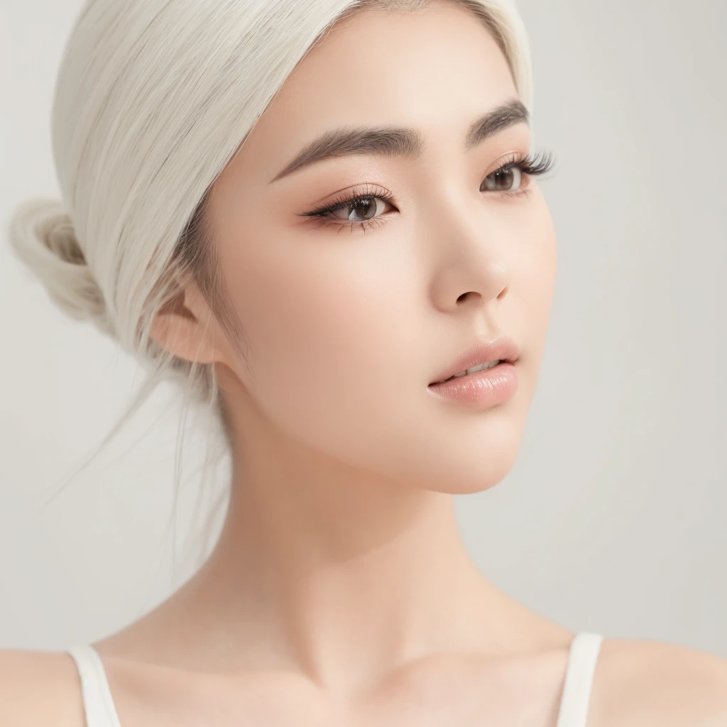 single Japanese woman, solo portrait, eyelash salon model, studio portrait, pure white background, stark white backdrop, overexposed background, high-key lighting, left profile view (90 degrees), impressive eyebrows and eyelashes, high-quality, photorealistic, one face only, clean minimalist setting