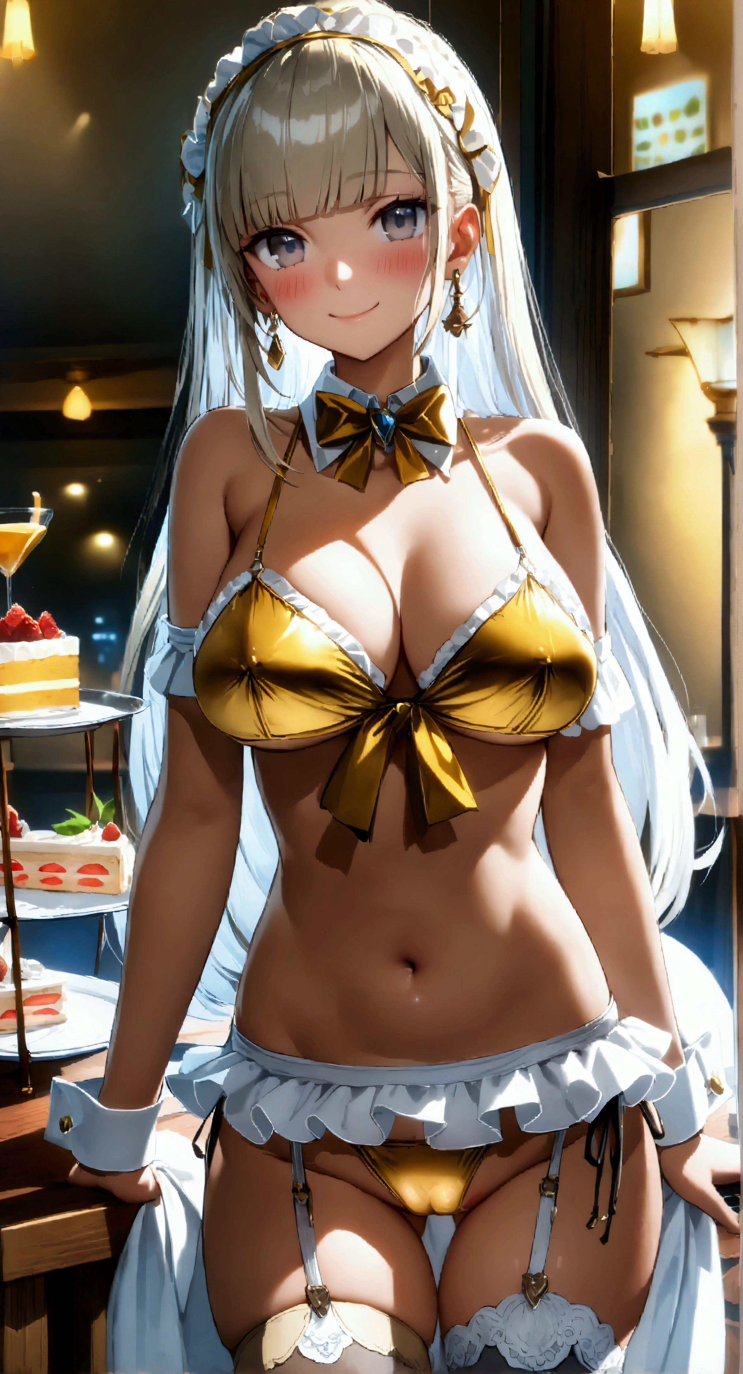 ((32k)), ((best quality)), ((ultra high res)), ((HDR)), ((UHD)), ((extremely detailed CG)), ((unity 32k wallpaper)), (1girl), (()), (ideal ratio body proportions), very long hair, (breasts), looking at viewer, blush, smile, bangs, thighhighs, bow, holding, cleavage, jewelry, (((golden bikini))), ((medium breasts)), closed mouth, standing, swimsuit, (golden hair), short sleeves, bikini, ((cowboy shot)), earrings, frills, food, black thighhighs, indoors, bowtie, cup, puffy short sleeves, wrist cuffs, grey eyes, thigh strap, detached collar, side-tie bikini bottom, thigh gap, table, single thighhigh, plate, tray, teacup, cake, bridal garter, holding tray, cake slice, (night), ((fro, m below)), (((((from behind))))), (((Leaning forward))), ((nsfw))
