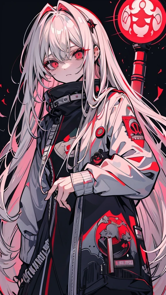 a picture of a woman of long white hair standing in front of a red light, Gray-haired deity, Gap Moe Yandere grimdark, Gap Moe Yandere, Gray-haired girl, Shiro from Deadman Wonderland, Gray-haired, of long white hair, White long hair, Crushing Despair, Flowing white hair, Long Hair Anime Girl, perfect Gray-haired girl
