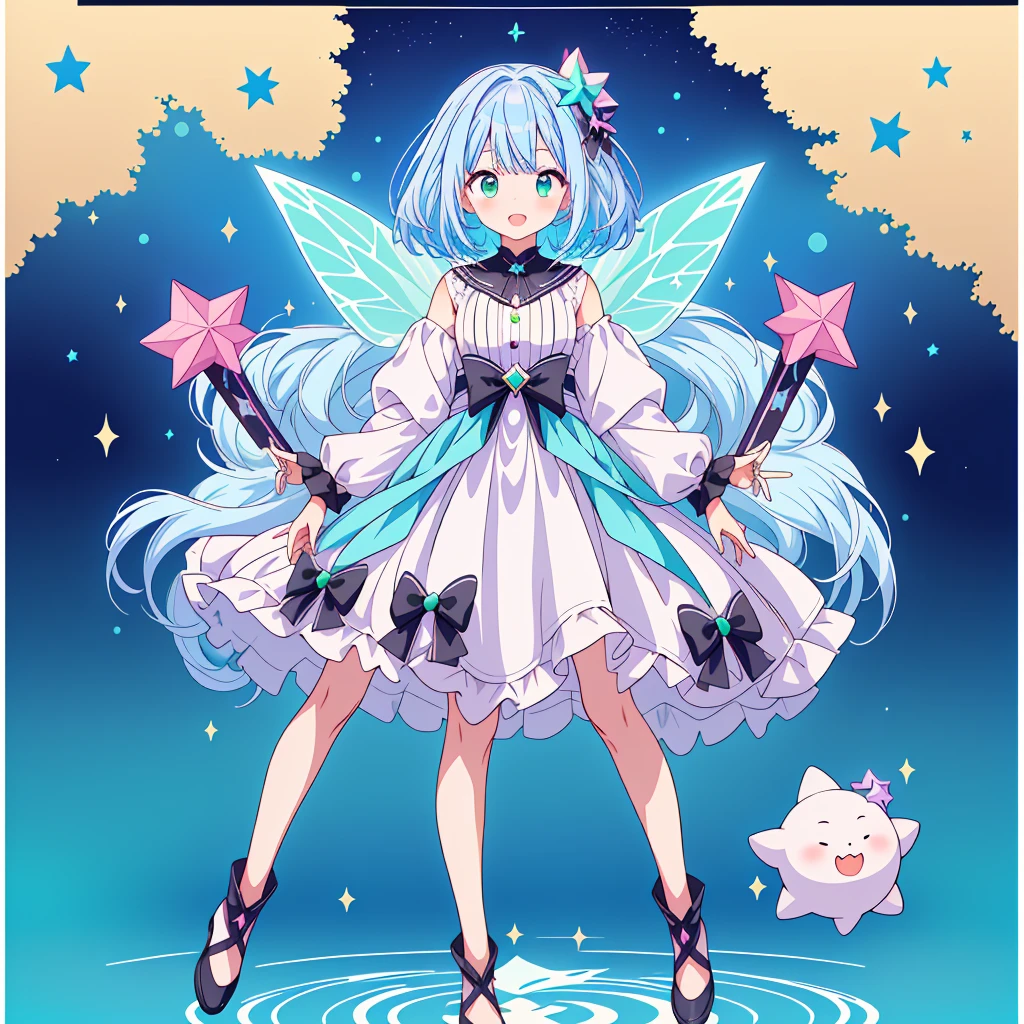 1girl、Star Fairy、Star incarnation、Character design front view、A picture facing the viewer、Cute original black and magenta clothes、(((Super detailed、Highest quality、Masterpiece)))、Original cute hairstyle、Milky white and blue hair color、Simple Green Background、vtuber-fullbody,laser