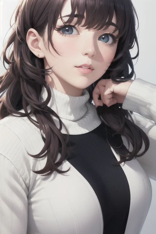 girl,Character design sheet,Beautiful attention to detail,Beautiful lip detail,Very detailed目と顔,Long eyelashes,Realistic,photoRealistic:1.37,Very detailed,Professional,Vibrant colors,Portraiture,Studio Lighting,Sharp focus,Physically Based Rendering,High resolution,超High resolution. blue eyes,Big eyes， Long Hair，Curly hair、Black Hair，Red cheeks，Droopy eyes，slender，Long sleeves，White turtleneck，pants，