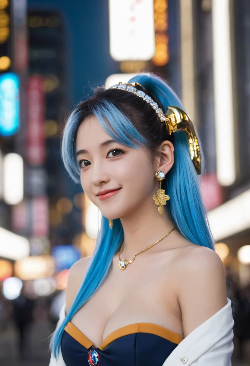 (masterpiece, best quality;1.3), Extremely detailed ,Extremely detailed, 1 Girl,Solitary, Double tail, Large Breasts, Smile, Gundam(rx78), Science fiction, Mecha, , Blue Hair, Solitary, Hair accessories, Long hair, Double tail, Golden Eyes, Jewelry, earrings, Looking at the audience,Shinjuku city background,night, many neon lights, Moon Base, Detailed dress, Micro Mini Skirt, From below, sit,, Half-length photo,