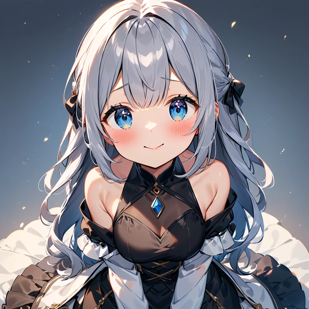 clusters of stars,wolf ear fluff,greyt hair,wariza,tail between legs,aquagradient eyes,Maid dress,Asymmetrical eyes,