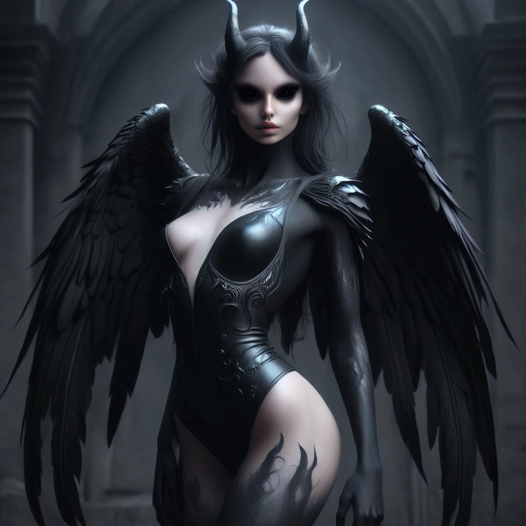 arafed woman in a black leather outfit with wings, villainess has black angel wings, raven winged female vampire, dark angel, 3 d render character art 8 k, beautiful cyborg angel girl, seductive cyberpunk dark fantasy, dark feathered wings, angel knight gothic girl, dark fantasy style art, angel with black wings, dark fantasy art, gothic fantasy art