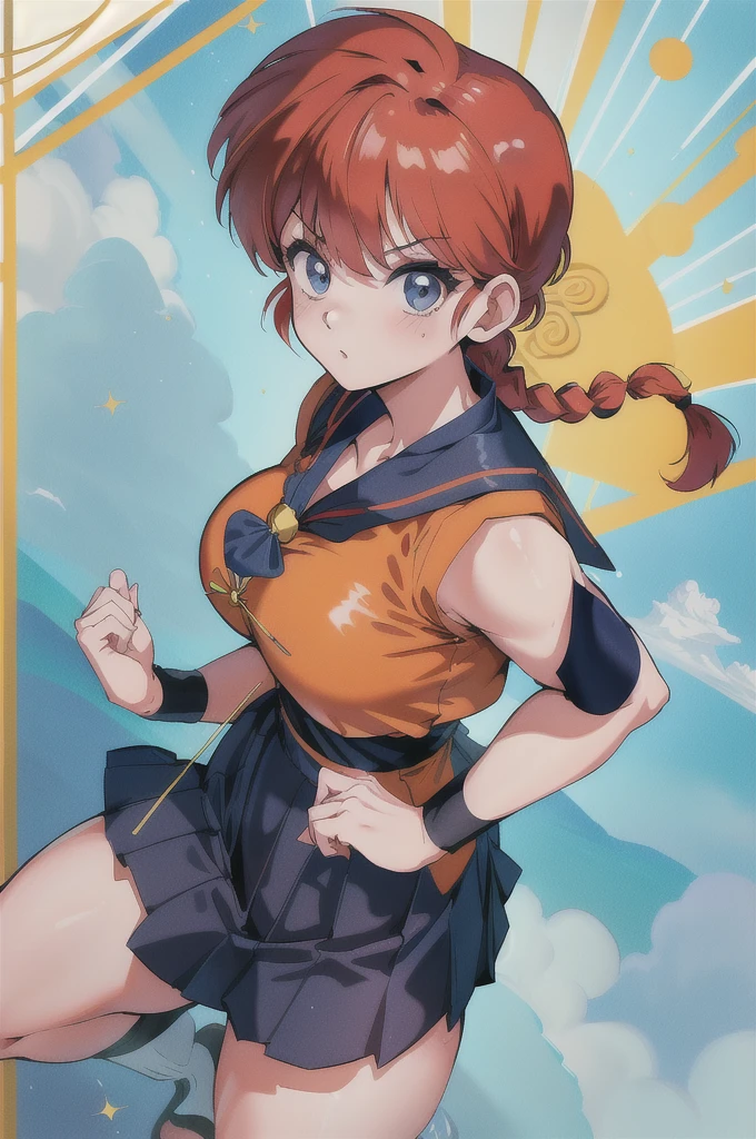 Ranma-chan, Are standing, alone, big_chest, single_Braiding, Ranma Redshirt, masterpiece, Highest quality, Detailed face, Detailed eyes, High resolution,short sleeves navy かわいい sailor suit, Navy pleated mini skirt, Navy sailor collar, Blue Sailor Scarf)), ((((masterpiece)))), expensive quality, very_expensive_solve, big_file size, Full Color, Thick outline, Clear contours, colorful, (Beautiful fine details), (Beautiful Face:1.3), Boyish face, 1 girl, (Ranma the Girl), (Redhead), short hair, (Braidingポニーテール), ((bangs)), bumpy bangs, Blue-gray eyes, Curvy, Completely naked, Black Wristband