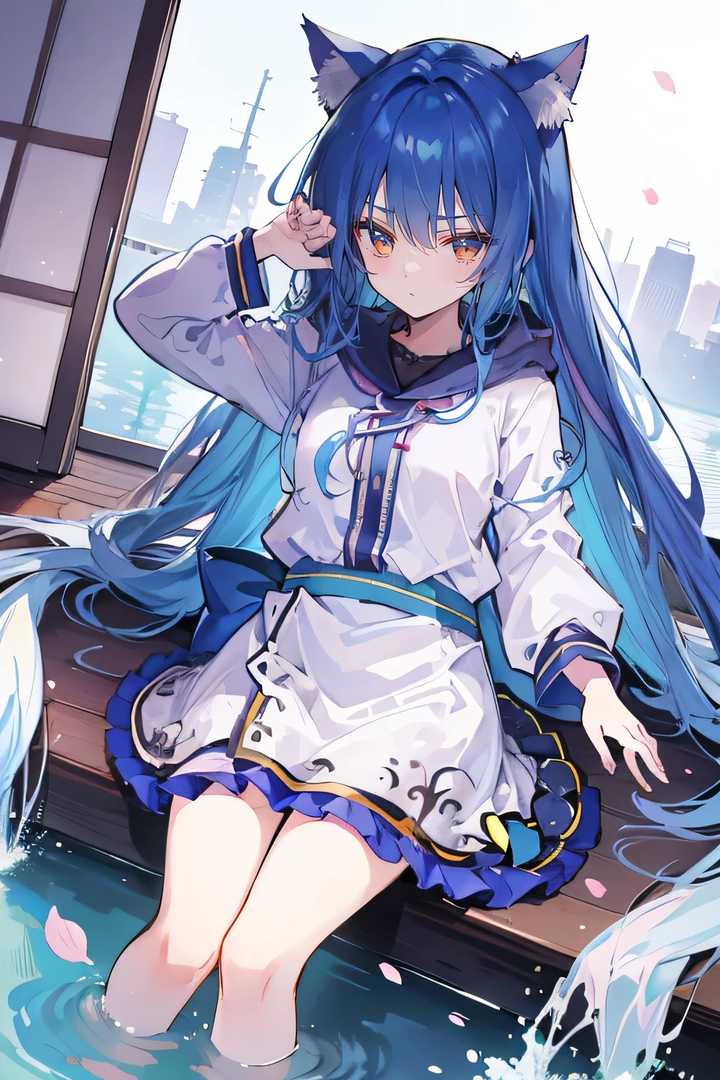 （masterpiece：1.2），Super detailed，lifelike，Expressive eyes，fair skin，perfect face shape，1 girl，
Japanese comics,Gorgeous blue hair,flowing blue hair,flowing clothes,Cat ears,Petals fall,beautiful lola,Baby Angel,
Shaking head with one hand，Cross your legs，Gentle and peaceful background，The pavilion is cool and comfortable,smile, wearing hoodie, background of tokyo,back views,snowing, winter,lie on the water. 