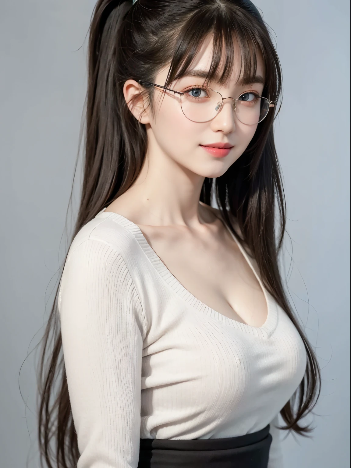 (Best quality, masterpiece, detailed), (RAW, 4k, hd images), shy, 1 girl, , white skin, long hair, ponytail, layers hair, bangs, black hair, beautiful girl, cute girl, sweet girl, pretty girl, perfect girl, pretty eyes, blue eyes, thin lips, thin, eye line, perfect round breast, glasses(detailed frame), simple background, smile, waist, hips, sweater clothes, random angle capture, half body,