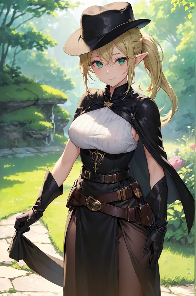 (((masterpiece; best quality: 1.2))), (finely detailed eyes: 1.3), (25 year old elf woman), (solo), (green eyes: 1.4), (body; big breasts, fit, femenine: 1.3), (silky blonde hair in low ponytail: 1.3), (beautiful and clear background: 1.2), ((depth of field)), (equipment: adventurer garb + modest + elegant wide-brimmed hat + dark blouse + dark cape + black long skirt + gloves + belt + pouches: 1.3), (anime illustration: 1.2), (background composition; royal garden: 1.1), (extremely fine and beautiful: 1.1), (shot composition; standing + centered on torso + close-up: 1.5), (expression; calm, smile: 1.2)