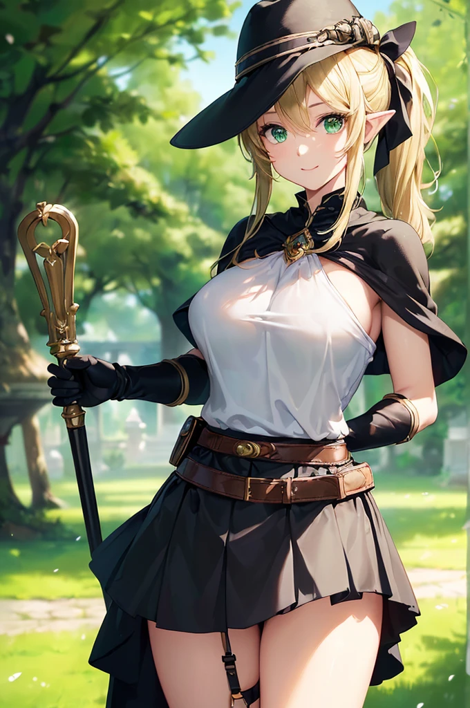 (((masterpiece; best quality: 1.2))), (finely detailed eyes: 1.3), (25 year old elf woman), (solo), (green eyes: 1.4), (body; buxom, fit, femenine: 1.3), (silky blonde hair in low ponytail: 1.3), (beautiful and clear background: 1.2), ((depth of field)), (equipment: adventurer attire + modest + wide-brimmed hat + black tunic + black cape + black long skirt + gloves + belt + pouches: 1.3), (anime illustration: 1.2), (background composition; royal garden: 1.1), (extremely fine and beautiful: 1.1), (shot composition; standing + centered on torso + close-up: 1.5), (expression; calm, smile: 1.2)