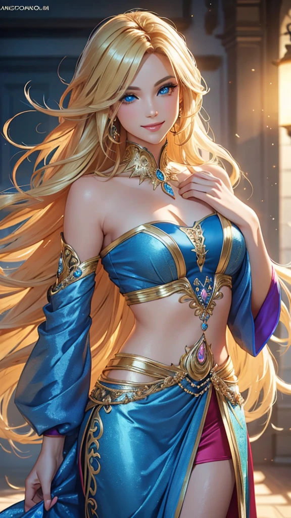 (((masterpiece, super high resolution, ultra HD, 8K quality))), (((((woman in Blue Gold colored see-through Dunhuang apsaras dudou)))), (((((shining Blonde long Hair, Long Bangs)))))) (((((beautiful sparkling Blue eyes))))), (((highlights on eyes))), ((pink lips, sexy expression)), ((highly detailed)), (((perfectly detailed face))), (((((Tall, very Big Tits))))), (((charming smile))), photorealistic image, ((earrings, Gold bangles)), (((Beautiful figure from the upper body standing, Front view))),
