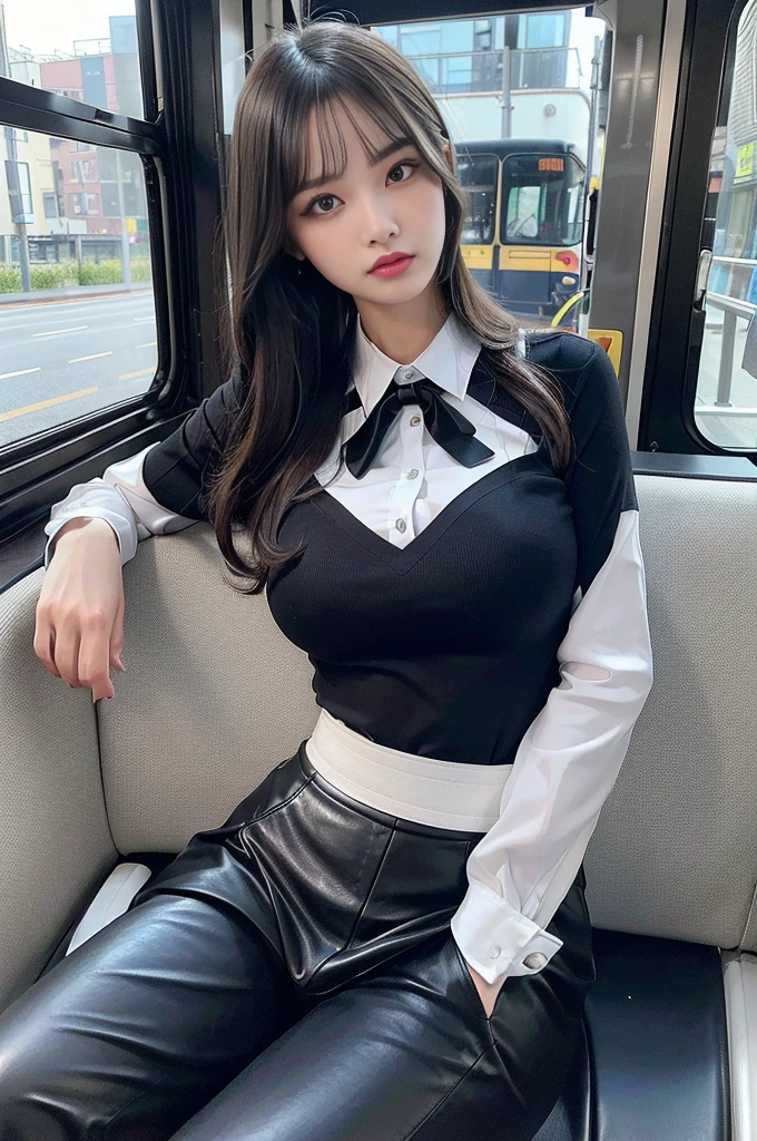 (masterpiece, ultra-detailed, ultra-realistic, best quality, clear focus, photorealistic), (ultra-high resolution, 8k, 16k:1.3), (full body:1.3), (very wide shot), perfect anatomy, 5 fingers, perfect face, (detailed face, detailed eye), (20 years old Japanese girl), bus driver, (wearing a extremely tight fitting bus driver's uniform that made of very thick leather:1.2), (makeup:1.1), (eyeliner:1.3), (very large breasts), slim waist, extra long hair, (very cute with very beautiful but cool boyish face), (bad girl:1.2), (cool girl atmosphere:1.3), (dynamic angle:1.2), slender but muscular, broad shoulders, (breasts focus:1.3), (sitting on the driver's seat of a bus:1.2)