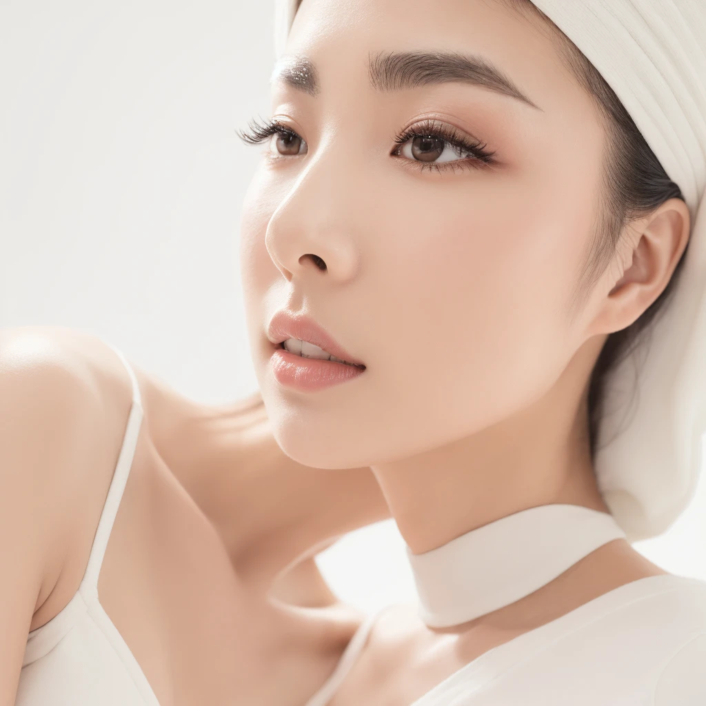 single Japanese woman, solo portrait, eyelash salon model, studio portrait, pure white background, stark white backdrop, overexposed background, high-key lighting, left profile view (90 degrees), impressive eyebrows and eyelashes, high-quality, photorealistic, one face only, clean minimalist setting