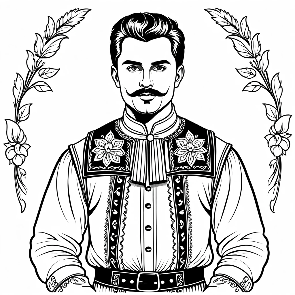 man in hungarian folk outfit, vector graphics, strong contours