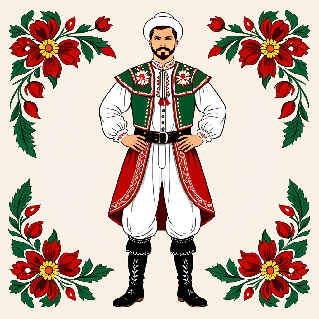 man in hungarian folk outfit, vector graphics, strong contours
