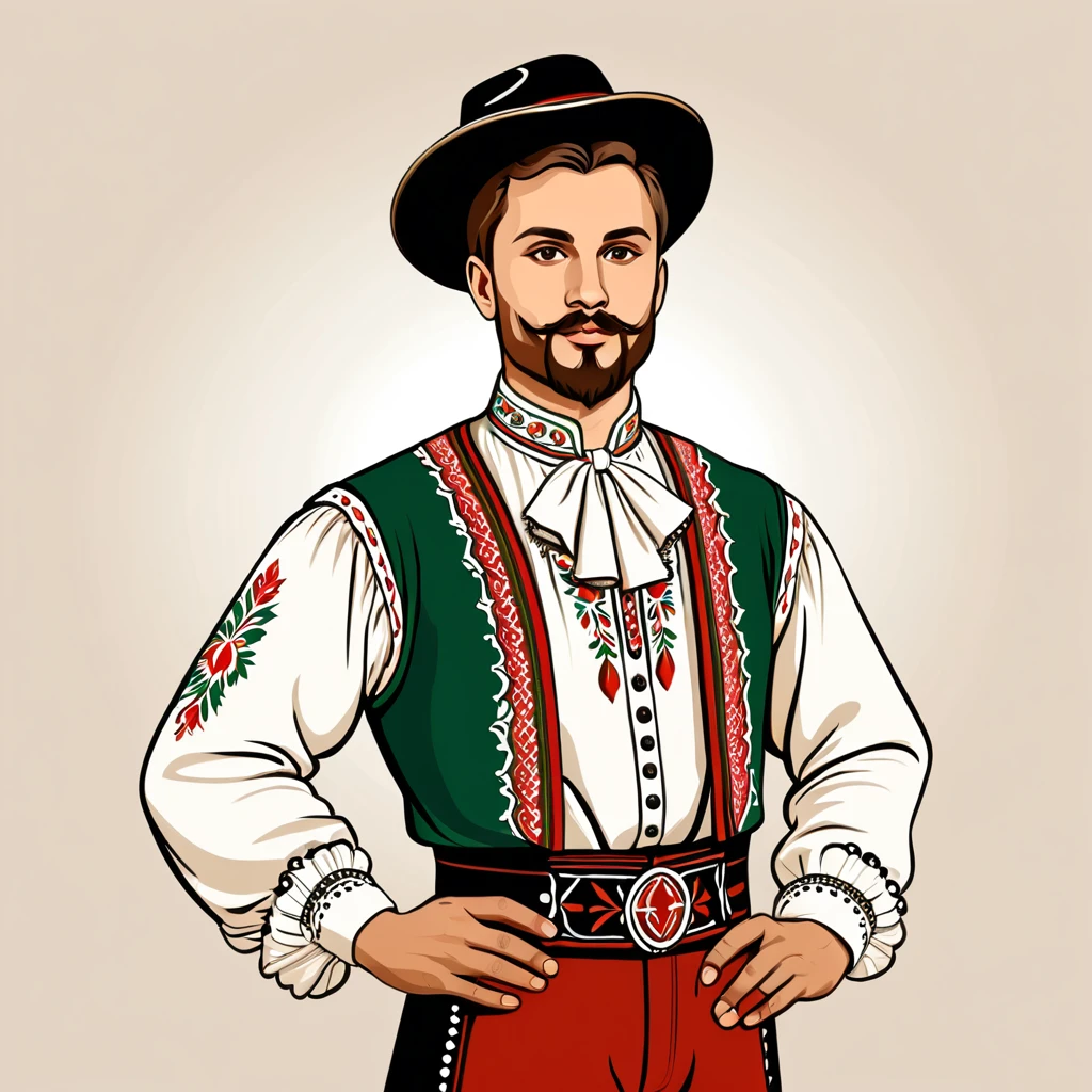 man in hungarian folk outfit, vector graphics, strong contours