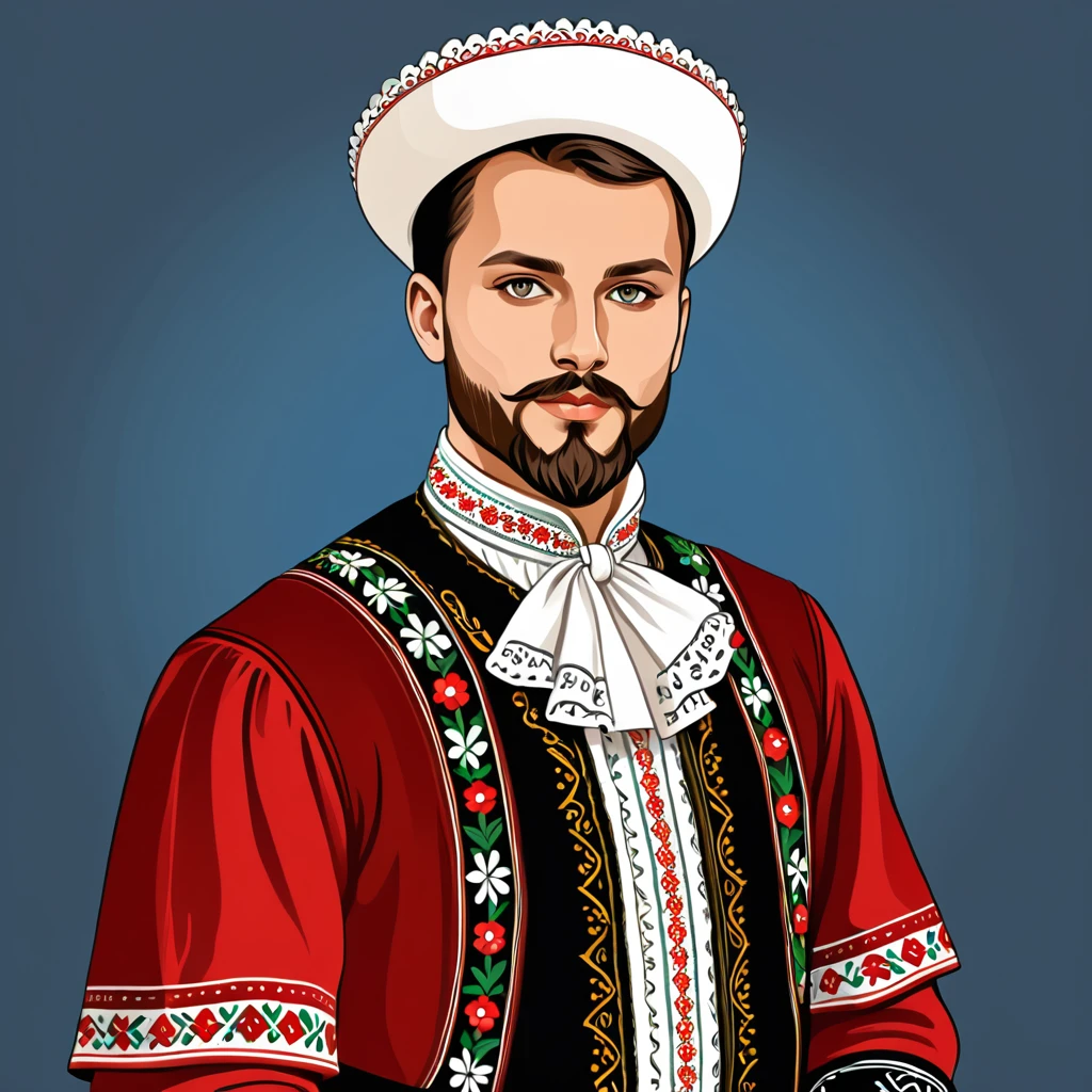 man in hungarian folk outfit, vector graphics, strong contours
