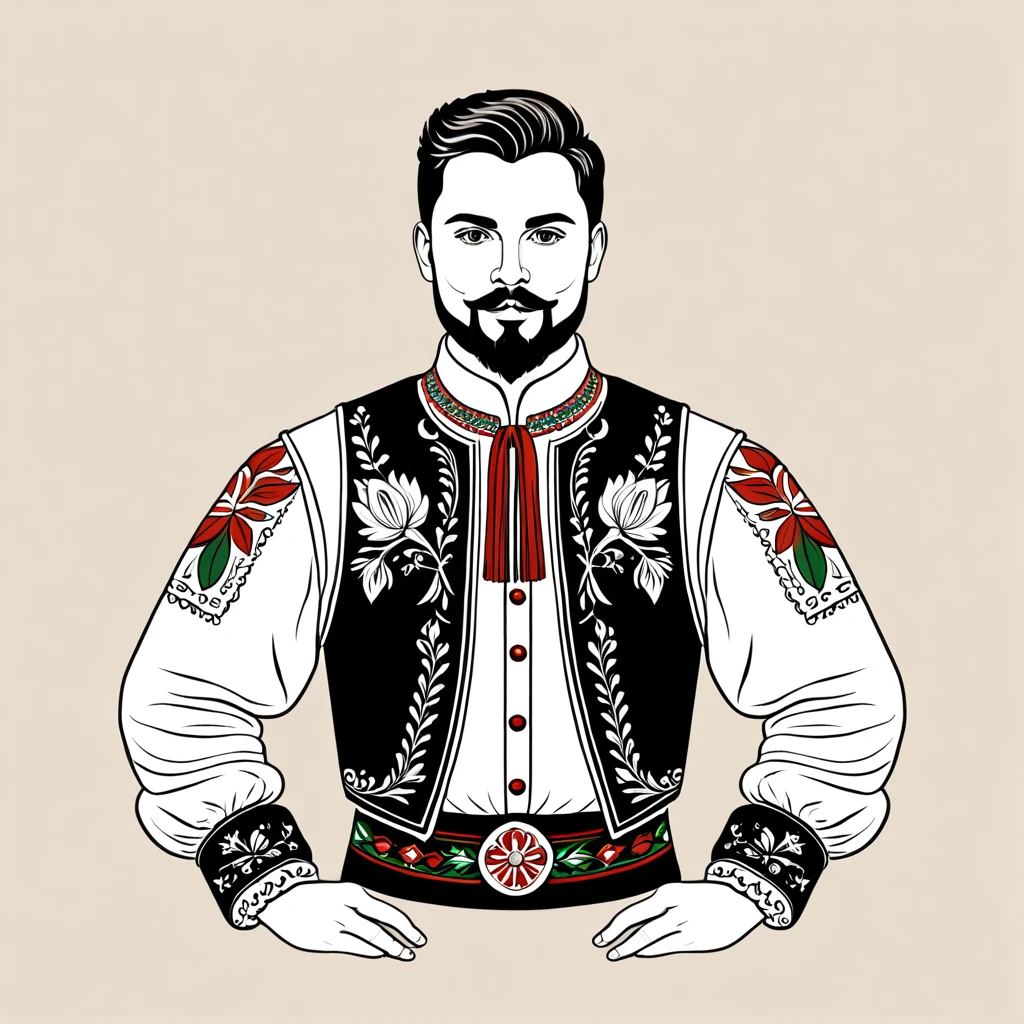 man in hungarian folk outfit, vector graphics, strong contours