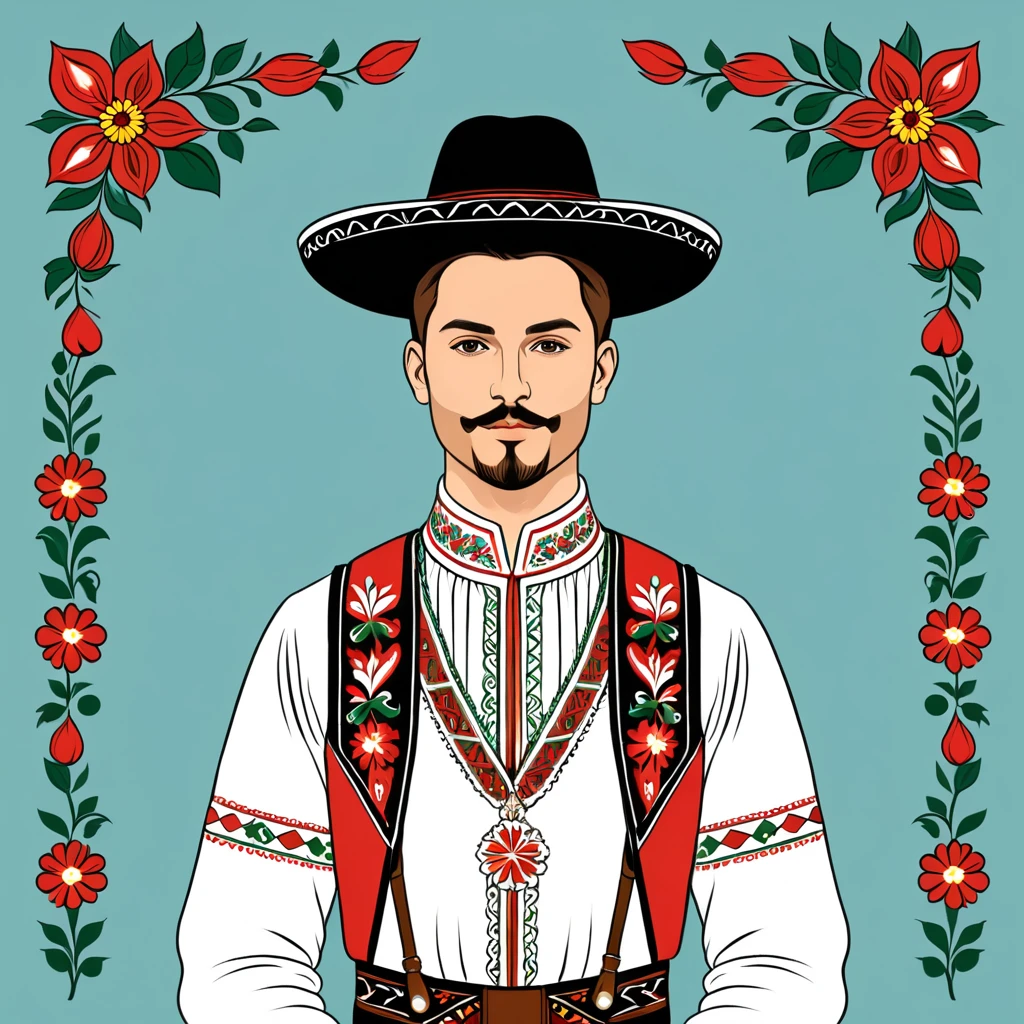 man in hungarian folk outfit, vector graphics, strong contours
