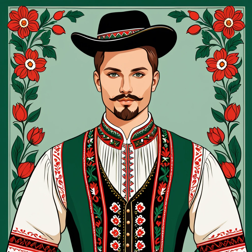 man in hungarian folk outfit, vector graphics, strong contours