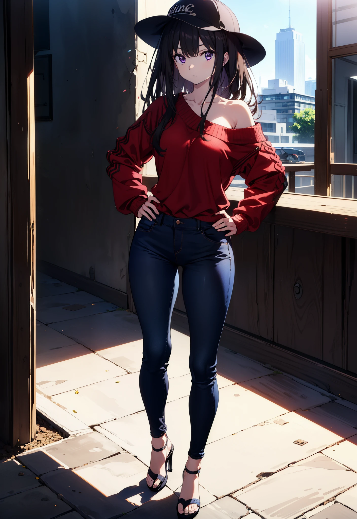 Takiuchikami, Long Hair, bangs, Black Hair, (Purple eyes:1.2),Baseball hats,Blue one-shoulder sweater,Skinny jeans,Stiletto heels,Place one hand on hip,Are standing,whole bodyがイラストに入るように,Daytime,
break outdoors, Building district,
break looking at viewer, whole body,
break (masterpiece:1.2), Highest quality, High resolution, unity 8k wallpaper, (figure:0.8), (Beautiful attention to detail:1.6), Highly detailed face, Perfect lighting, Highly detailed CG, (Perfect hands, Perfect Anatomy),