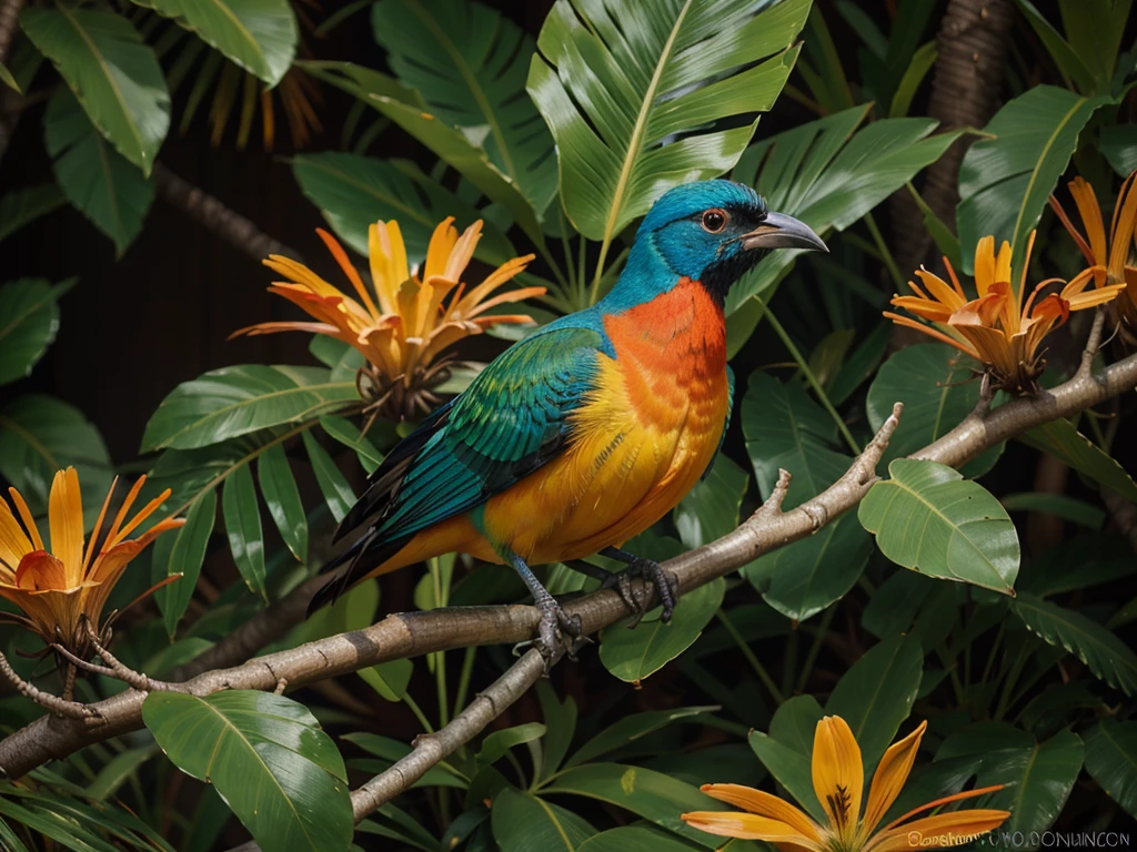 painting of a bird of paradise sitting on a branch with flowers, painting of a cendrawasih, detailed painting 4 k, full of colors and rich detail, beautiful art uhd 4 k, beautiful painting of a tall, colorful bird with a long, artistic 4 k, detailed 4 k oil painting, beautiful detail and color, painted in bright water colors, cendrawasih, colorful oil painting