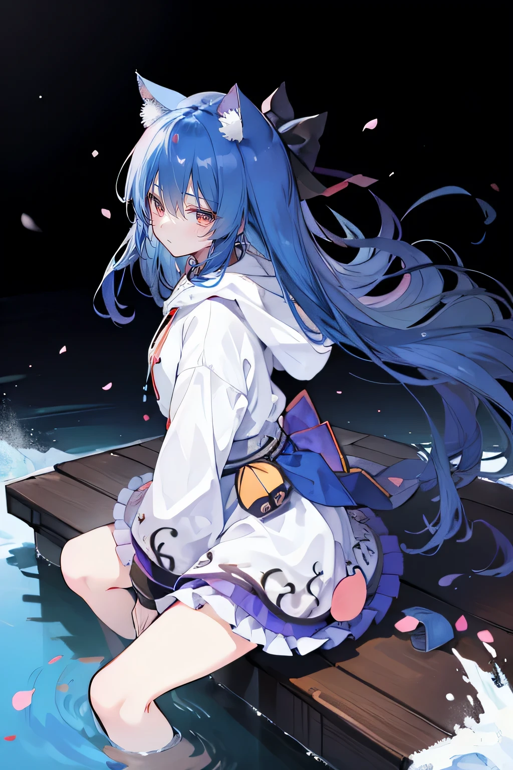(masterpiece:1.2),Super detailed,lifelike,Expressive eyes,fair skin,perfect face shape,1 girl,
Japanese comics,Gorgeous blue hair,flowing blue hair,flowing clothes,Cat ears,Petals fall,beautiful lola,Baby Angel,
Shaking head with one hand,Cross your legs,Gentle and peaceful background,The pavilion is cool and comfortable,smile, wearing hoodie, background of tokyo,back views,snowing, winter,lie on the water.