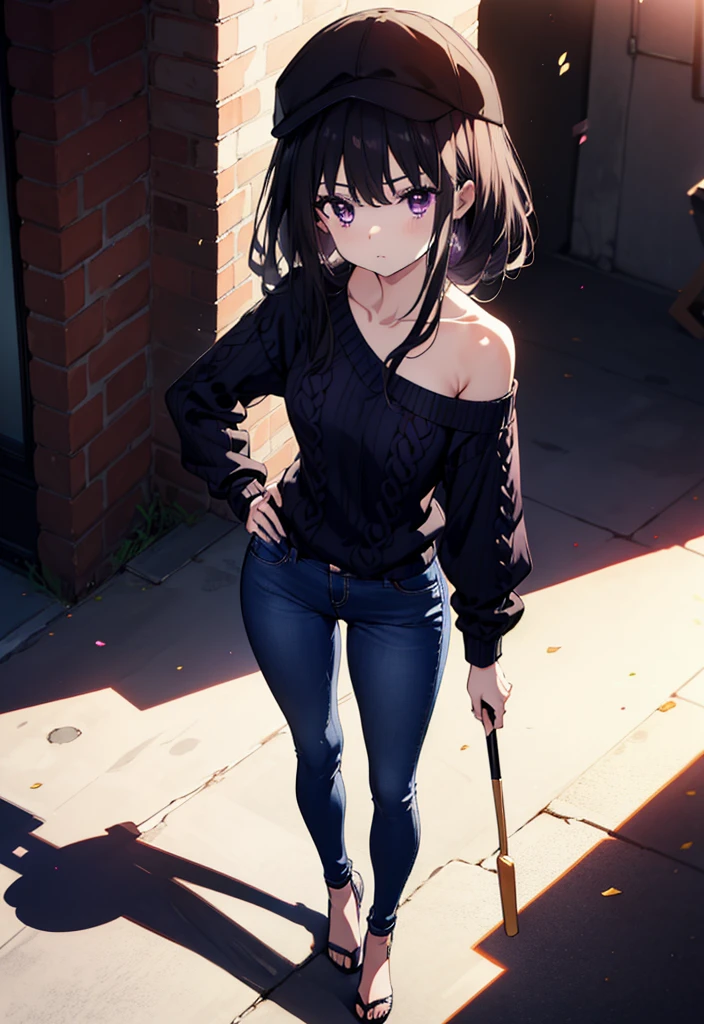 Takiuchikami, Long Hair, bangs, Black Hair, (Purple eyes:1.2),Baseball hats,Blue one-shoulder sweater,Skinny jeans,Stiletto heels,Place one hand on hip,Are standing,whole bodyがイラストに入るように,Daytime,
break outdoors, Building district,
break looking at viewer, whole body,
break (masterpiece:1.2), Highest quality, High resolution, unity 8k wallpaper, (figure:0.8), (Beautiful attention to detail:1.6), Highly detailed face, Perfect lighting, Highly detailed CG, (Perfect hands, Perfect Anatomy),