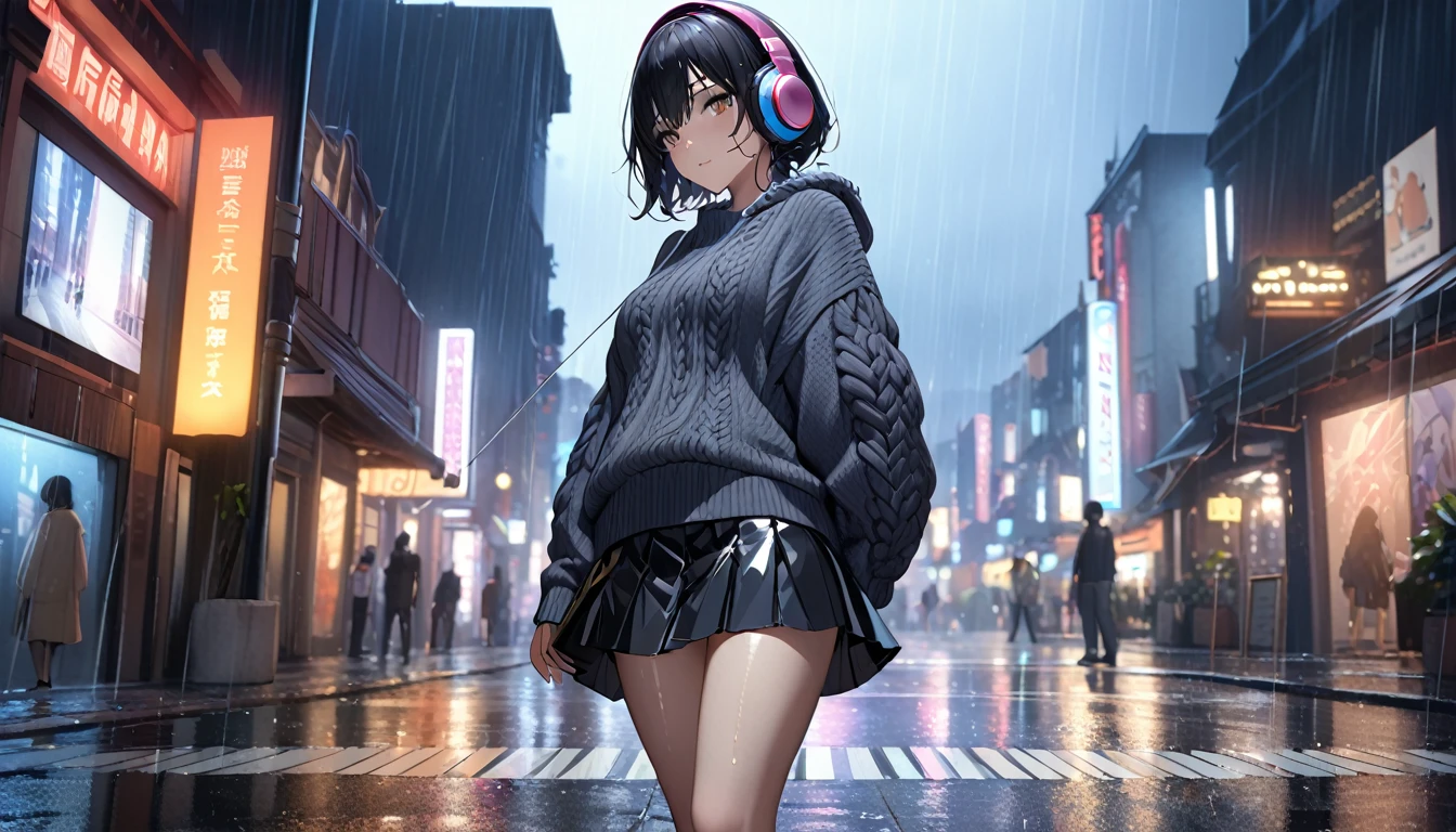 8k,masterpiece,Highest quality),Hyper Detail,Realistically,Highly detailed face、pupil(((Blank look)))City lights at night,Ray Tracing, heavy rain,Short black hair、((Large knit、skirt))Slim and beautiful thighs、Rain-soaked clothes,Written boundary depth ,cinema lens lighting、Night view((Headphones)),Standing on the sidewalk、