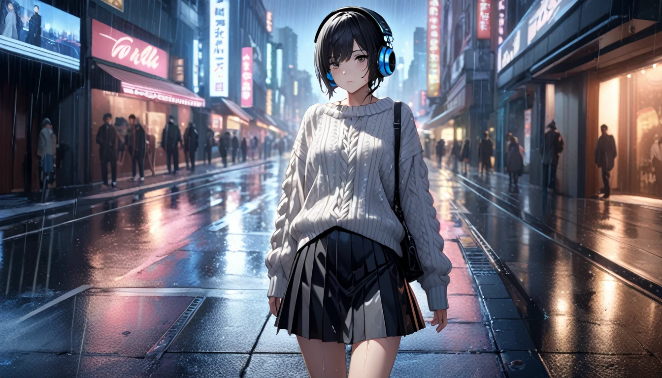 8k,masterpiece,Highest quality),Hyper Detail,Realistically,Highly detailed face、pupil(((Blank look)))City lights at night,Ray Tracing, heavy rain,Short black hair、((Large knit、skirt))Slim and beautiful thighs、Rain-soaked clothes,Written boundary depth ,cinema lens lighting、Night view((Headphones)),Standing on the sidewalk、