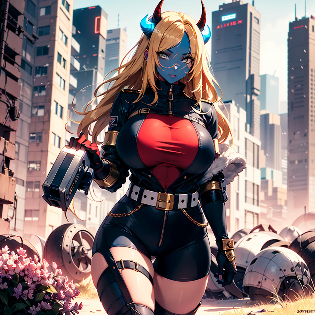 (full body/upright/standing view:1.5). (({She})), ((in a futuristic city completely destroyed with flames coming out of the destroyed buildings)). {She}: is looking at the viewer, (extremely large breasts:1.5), doing exhibitionist/non-tilting/unseated poses, holding a long black rifle., Hyperrealism, anime, 16k, UHD, masterpiece, best quality, high details