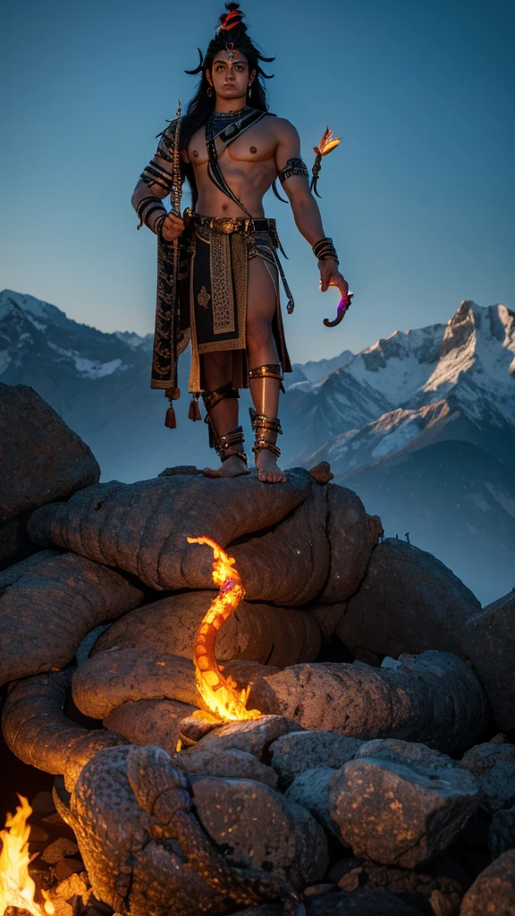 Lord shiva standing on black rock with trishul a huge snake behind him, fire on ground , detailed shiva, detailed snake, detailed fire, detailed rocks, detailed ground, best quality, highly detailed, masterpiece, 8k wallpaper.