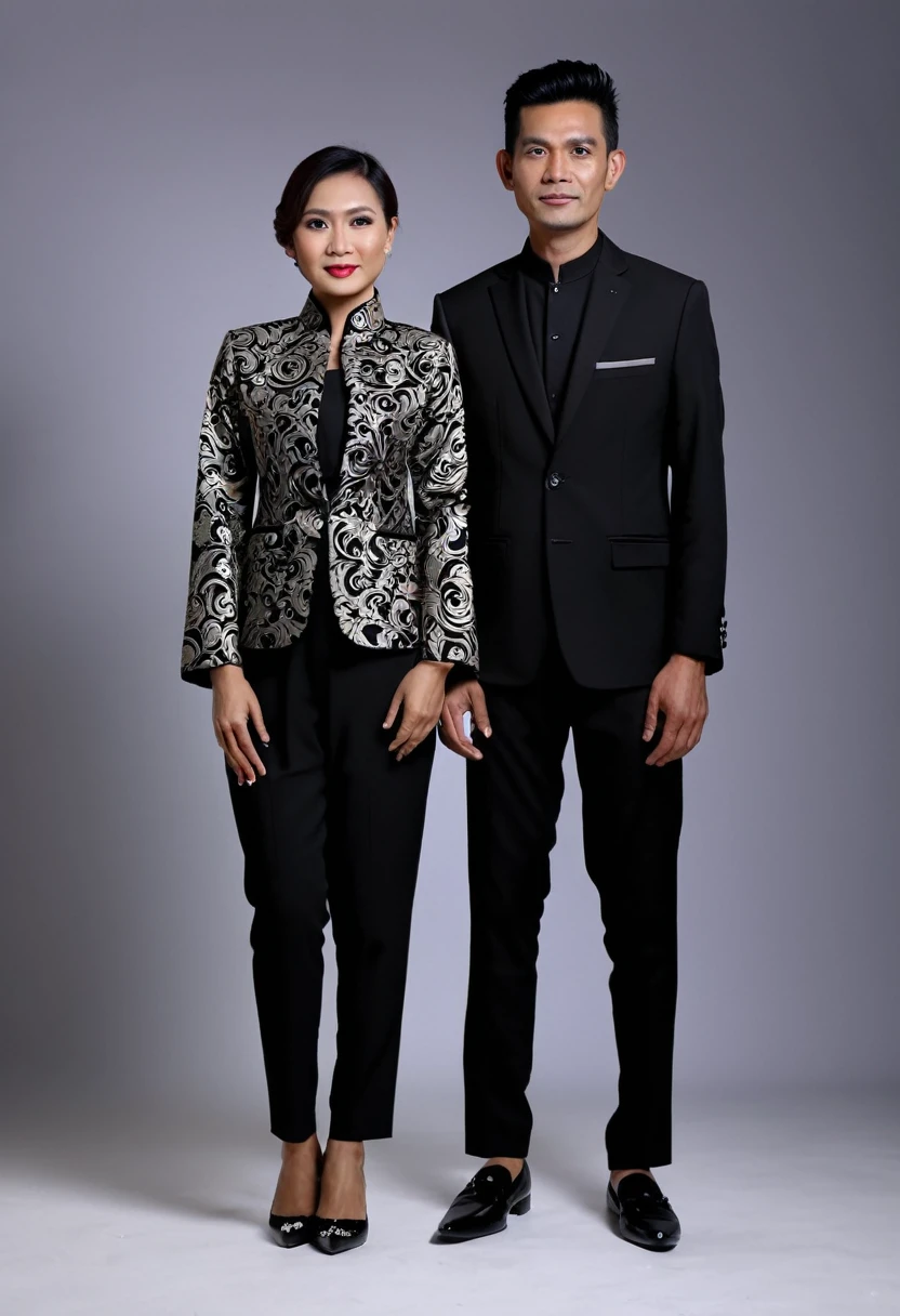 A portrait of indonesian couple, a husband and wife, husband wearing formal clothes, jacket, black trousers and black shoes, wife wearing Javanese batik clothes, standing pose, tilted to the left, full body, his body is skinny, wear a black suit, black formal trousers and black shoes, facing the camera, Use white lighting. super hd, realistic, 8k