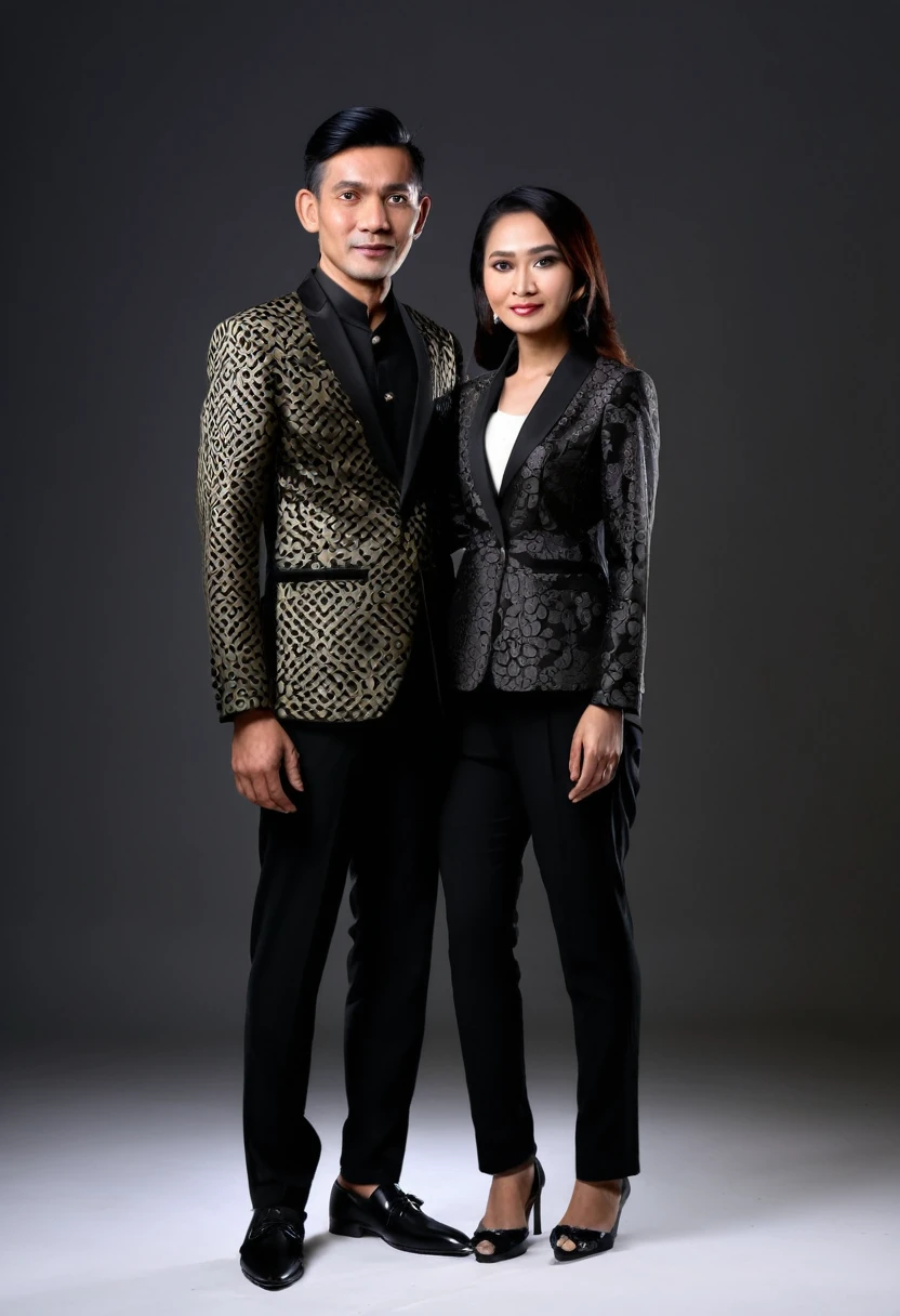 A portrait of indonesian couple, a husband and wife, husband wearing formal clothes, jacket, black trousers and black shoes, wife wearing Javanese batik clothes, standing pose, tilted to the left, full body, his body is skinny, wear a black suit, black formal trousers and black shoes, facing the camera, Use white lighting. super hd, realistic, 8k