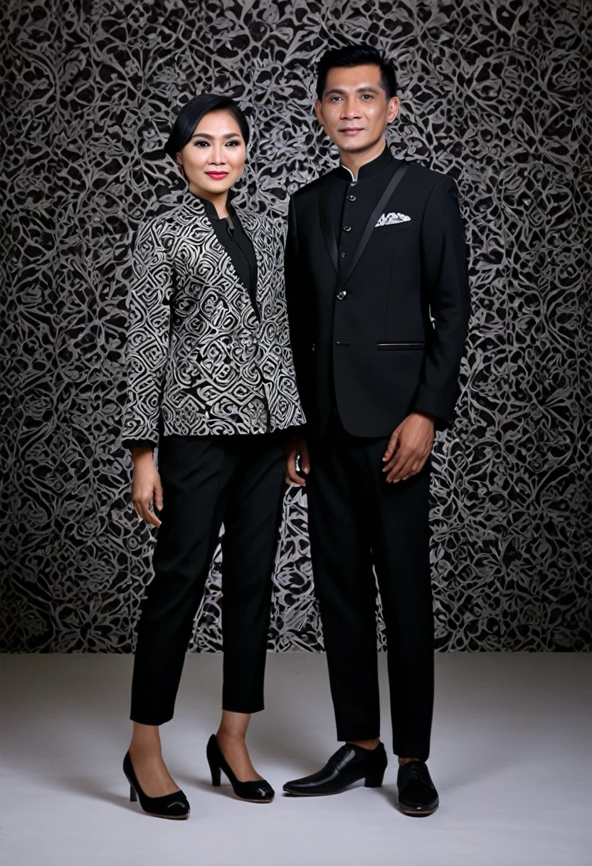 A portrait of indonesian couple, a husband and wife, husband wearing formal clothes, jacket, black trousers and black shoes, wife wearing Javanese batik clothes, standing pose, tilted to the left, full body, his body is skinny, wear a black suit, black formal trousers and black shoes, facing the camera, Use white lighting. super hd, realistic, 8k