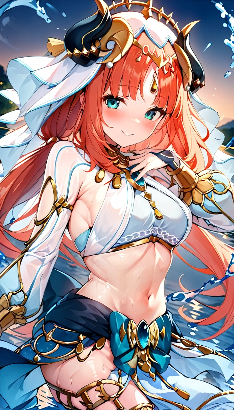 (((best quality)), ((masterpiece)), (details), masterpiece, best quality, high quality, ulutra detailed, perfect face,Shiny Hair、Glowing Skin、blush、nilou、whole body、Dancer、lake、Splash、dance、smile、nilou,1girl,独奏,horns,Veil,navel,