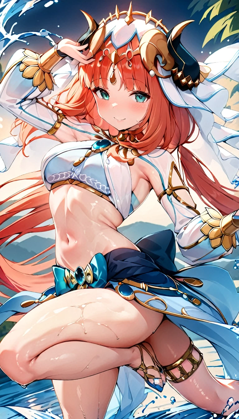 (((best quality)), ((masterpiece)), (details), masterpiece, best quality, high quality, ulutra detailed, perfect face,Shiny Hair、Glowing Skin、blush、nilou、whole body、Dancer、lake、Splash、dance、smile、nilou,1girl,独奏,horns,Veil,navel,