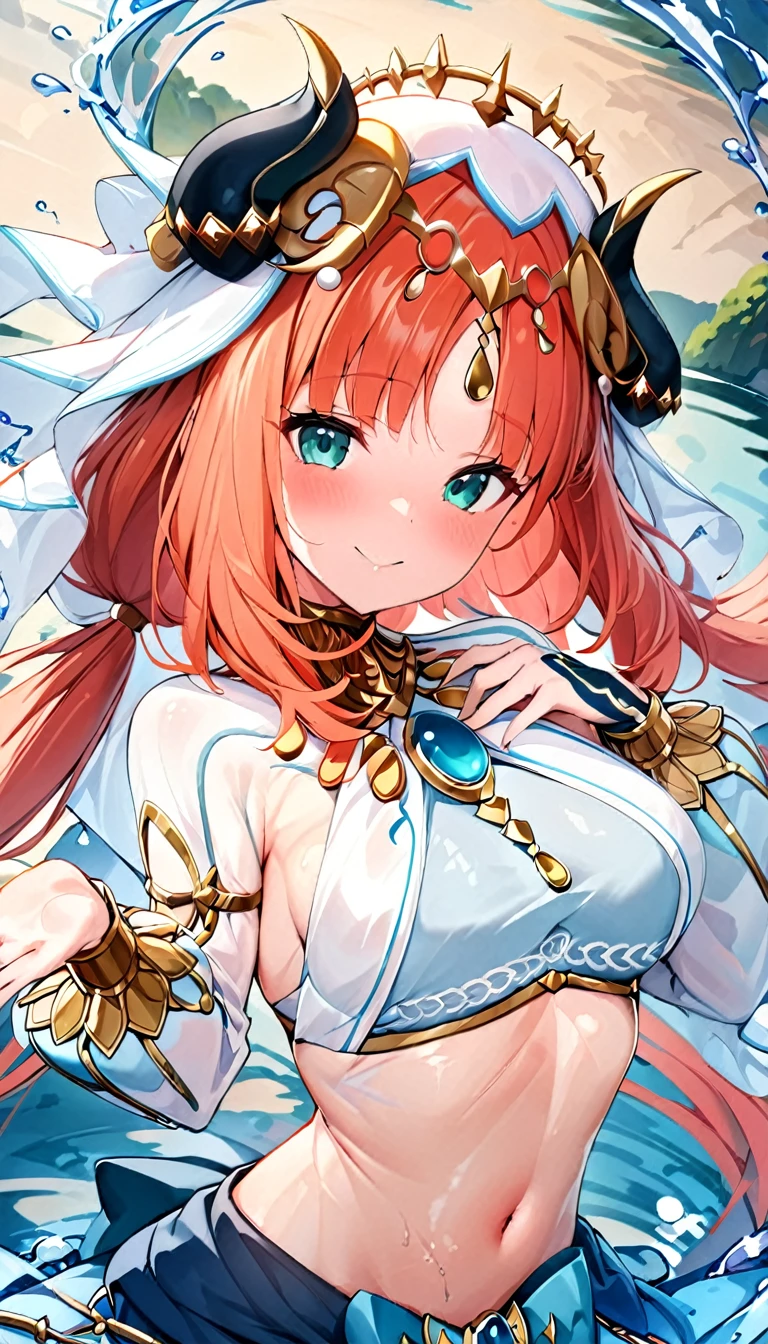 (((best quality)), ((masterpiece)), (details), masterpiece, best quality, high quality, ulutra detailed, perfect face,Shiny Hair、Glowing Skin、blush、nilou、whole body、Dancer、lake、Splash、dance、smile、nilou,1girl,独奏,horns,Veil,navel,