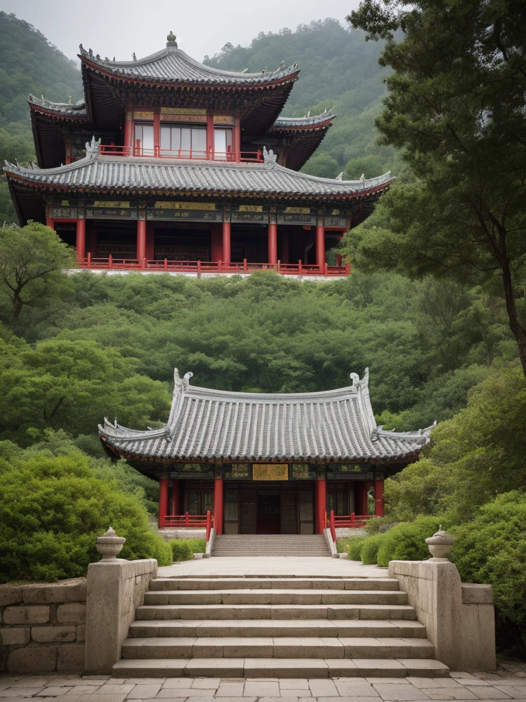 (RAW photos:1.2),Highest quality, Ultra-high resolution, A real photograph captures a traditional Chinese building, which is a temple. It sits on a hillside, surrounded by trees and natural surroundings. The roof design features the traditional Chinese style with upturned eaves, in a combination of dark red and yellow colors.
In the foreground, a flight of stone steps leads up to the structure, flanked by railings. The entire scene is shrouded in a light mist, adding an air of mystery and tranquility. The sky is overcast, as if it has just rained. The atmosphere is cinematic, captured by a Canon camera.