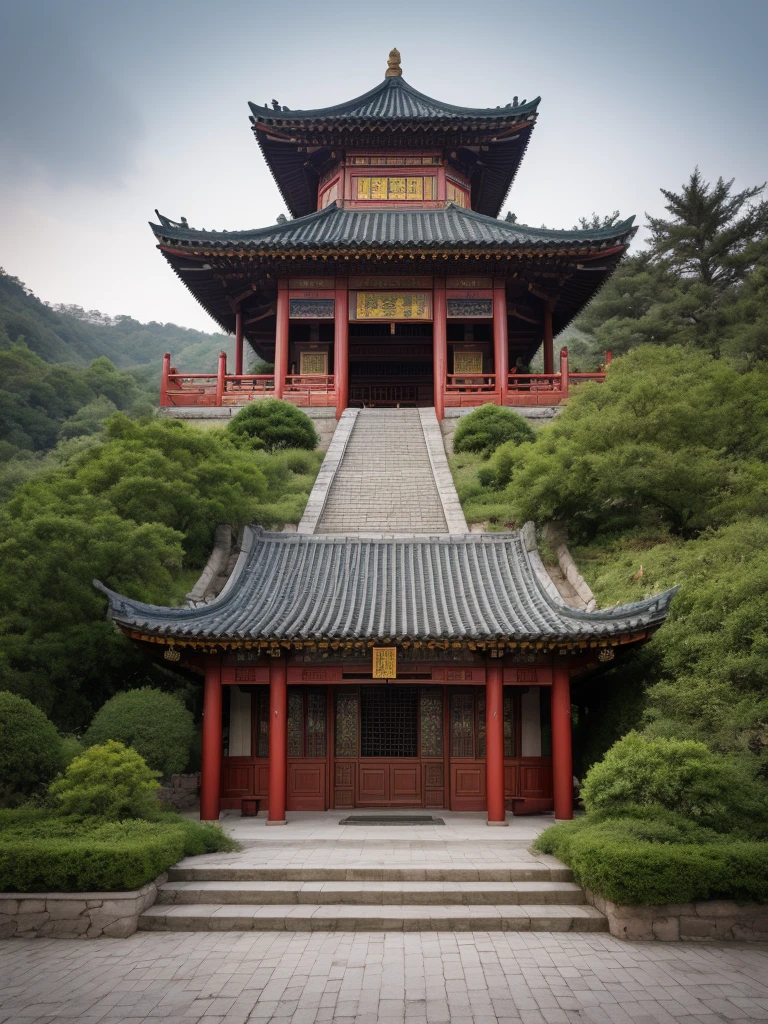 (RAW photos:1.2),Highest quality, Ultra-high resolution, A real photograph captures a traditional Chinese building, which is a temple. It sits on a hillside, surrounded by trees and natural surroundings. The roof design features the traditional Chinese style with upturned eaves, in a combination of dark red and yellow colors.

In the foreground, a flight of stone steps leads up to the structure, flanked by railings. The entire scene is shrouded in a light mist, adding an air of mystery and tranquility. The sky is overcast, as if it has just rained. The atmosphere is cinematic, captured by a Canon camera.