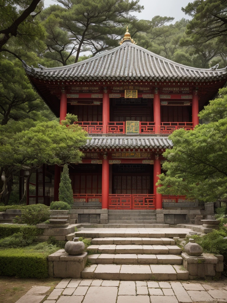 (RAW photos:1.2),Highest quality, Ultra-high resolution, A real photograph captures a traditional Chinese building, which is a temple. It sits on a hillside, surrounded by trees and natural surroundings. The roof design features the traditional Chinese style with upturned eaves, in a combination of dark red and yellow colors.
In the foreground, a flight of stone steps leads up to the structure, flanked by railings. The entire scene is shrouded in a light mist, adding an air of mystery and tranquility. The sky is overcast, as if it has just rained. The atmosphere is cinematic, captured by a Canon camera.