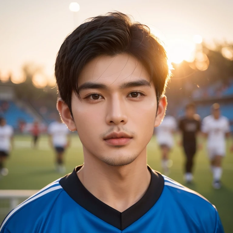 A handsome 25-year-old Haraffian man, a Southeast Asian man with a round face., Portrait,The face is bright and shiny., Double eyelids, Big eyes,Man Araffe wears a dark blue football uniform.,Posing for pictures, Handsome and elegant, Handsome Chad Chin, Wear a black shirt., Handsome and charming, very handsome, With his short black hair, handsome man, Wearing a noble black suit, Chai Sukun, very handsome, Outdoors in a football stadium, Warm light, The evening sun shone brightly., Beautiful and realistic,