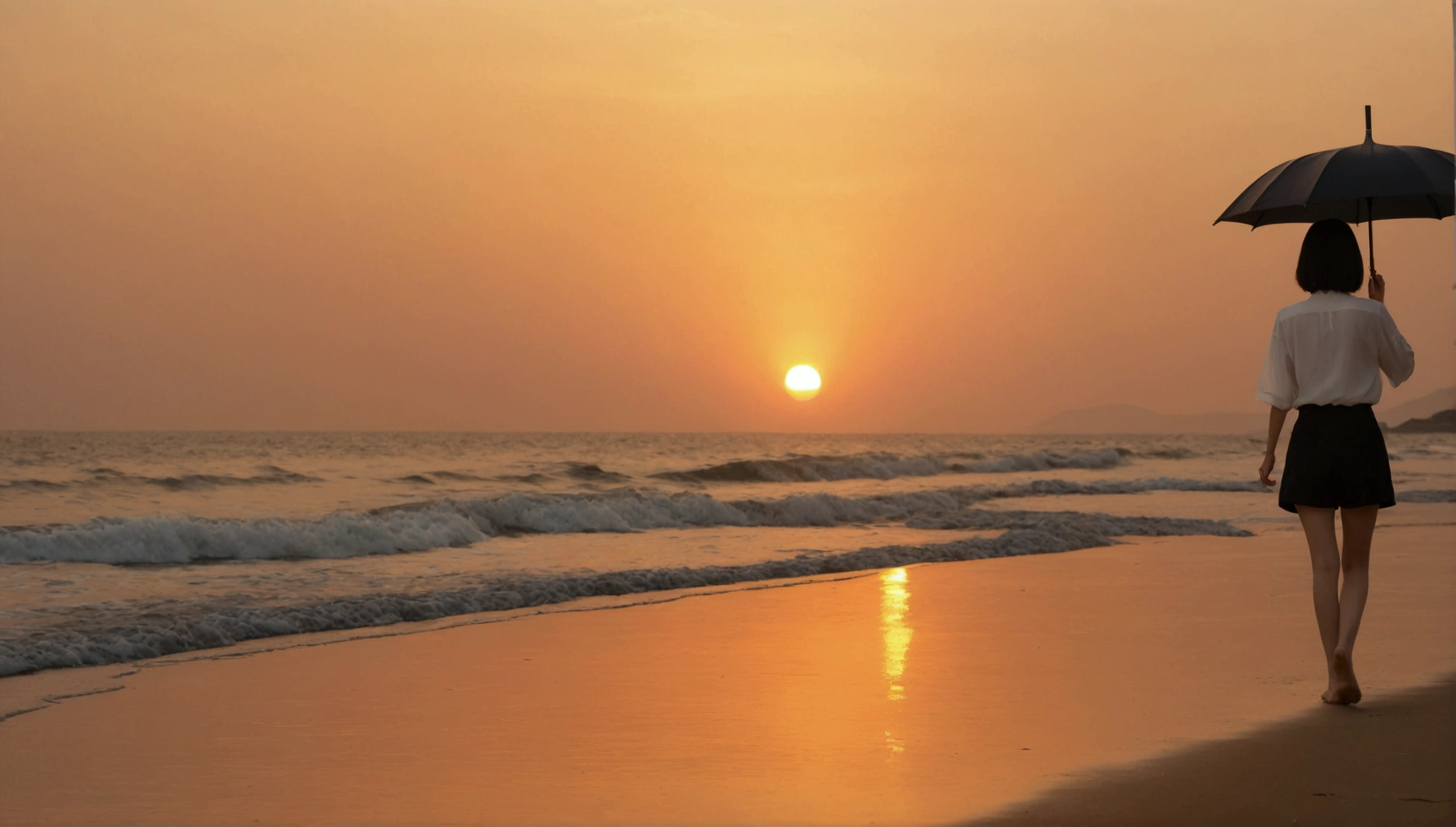 8k, Vivid picture quality, Vivid picture quality, long deserted beach, walking slowly from afar, short medium hair, beautiful appearance, Model-like body, sunset의 붉은 빛, sunset, alone, afternoon, depressed, tide가 밀려온다, rain, black umbrella, ocean, tide, wind, Short and slim Korean woman, tower, black shorts, tower을 입고 black shorts 입고, The strong red light of the setting sun, the sun is on the horizon, black umbrella