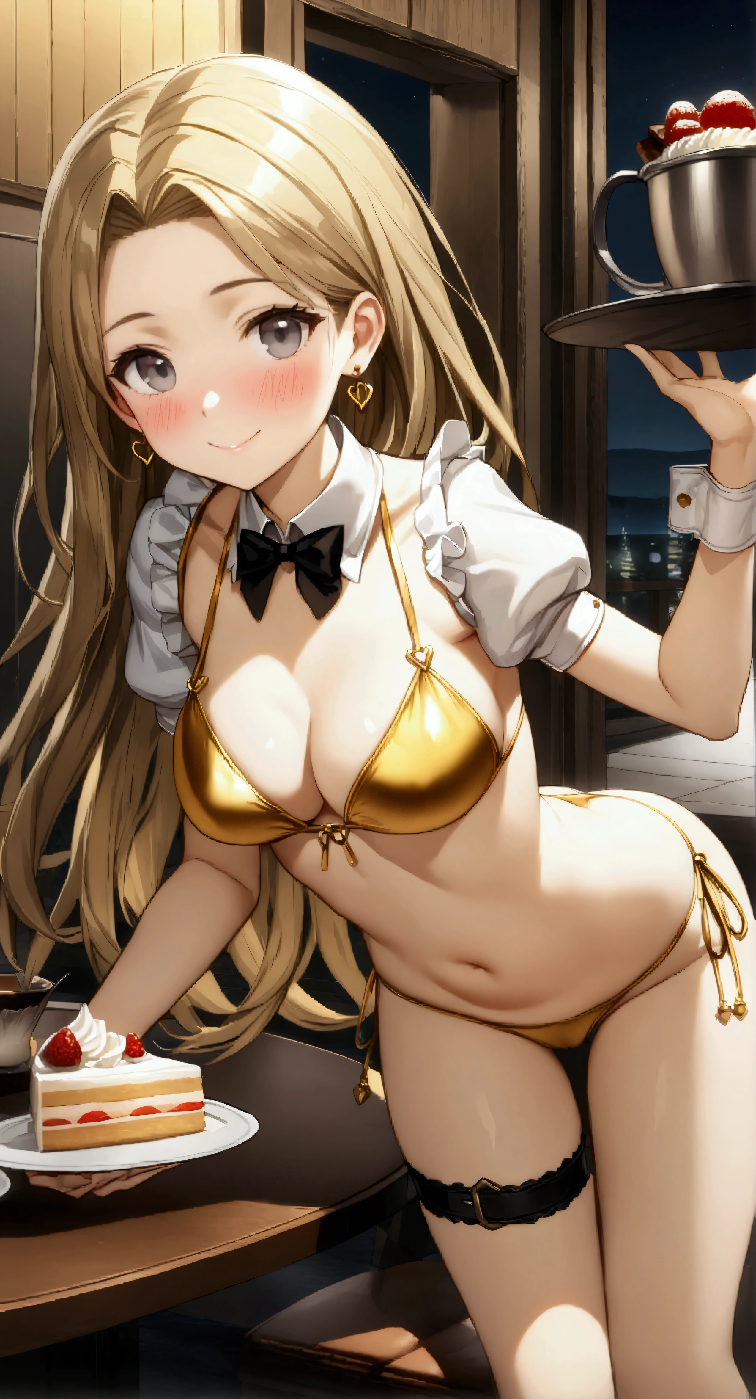 ((32k)), ((best quality)), ((ultra high res)), ((HDR)), ((UHD)), ((extremely detailed CG)), ((unity 32k wallpaper)), (1girl), (()), (ideal ratio body proportions), very long hair, (breasts), looking at viewer, blush, smile, bangs, thighhighs, bow, holding, cleavage, jewelry, (((golden bikini))), ((medium breasts)), closed mouth, standing, swimsuit, (golden hair), short sleeves, bikini, ((cowboy shot)), earrings, frills, food, black thighhighs, indoors, bowtie, cup, puffy short sleeves, wrist cuffs, grey eyes, thigh strap, detached collar, side-tie bikini bottom, thigh gap, table, single thighhigh, plate, tray, teacup, cake, bridal garter, holding tray, cake slice, (night), ((fro, m below)), (((((from behind))))), (((Leaning forward))), ((nsfw))