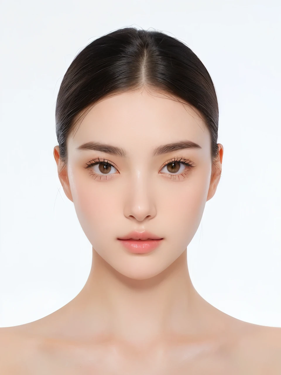 A brunette hair、Close-up of woman on white background, clean Perfectly symmetrical face, Clean, beautiful and symmetrical face, Perfect face model, symmetrical Perfect face, Clean and symmetrical face, Beautiful and symmetrical face, Perfectly symmetrical face, Perfect face ), Cute and symmetrical face, Clear and symmetrical face, Slender and symmetrical face, Perfectly proportioned delicate face