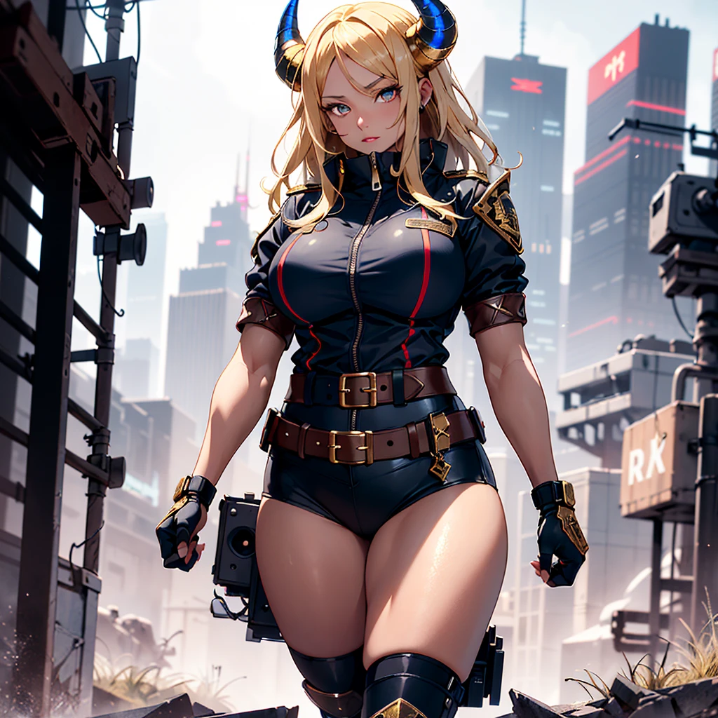 ((best quality)), ((masterpiece)), (detailed), 1girl, 8k_wallpaper, extremely detailed eyes, extremely detailed body, beautiful face, perfect face, detailed ((blonde hair)), (gold eyes), (( big blue horns)), {{dark skin}}, ({dark skinned female}), gigantic breasts, thick thighs, strong arm and leg muscles, strong abdominal muscles, Korean girl, dressed in a blue polto with rolled up sleeves, in heavy steel armor of silver color, on a wide red leather belt with gold yarn, hanging a military radio, leather tight shorts, leather gloves with radars and watches, a holster with a pistol hanging on her hip, a large hiking backpack, standing next to a red sci-fi SUV against the backdrop of flowers growing in the grass and a destroyed city,