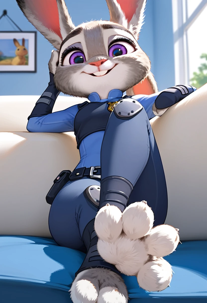 Solo, score_9,score_8_up score_7_up, anthro, female, Judy Hopps, rabbit, smiling, sitting on couch, laying down, close up, three toes, 3 toes, feet, rabbit paws, rabbit feet, fluffy feet, (focus on feet:1.2), cute paws, furry paws, (sfw:1.2), cute, extreme low angle shot, close up on feet