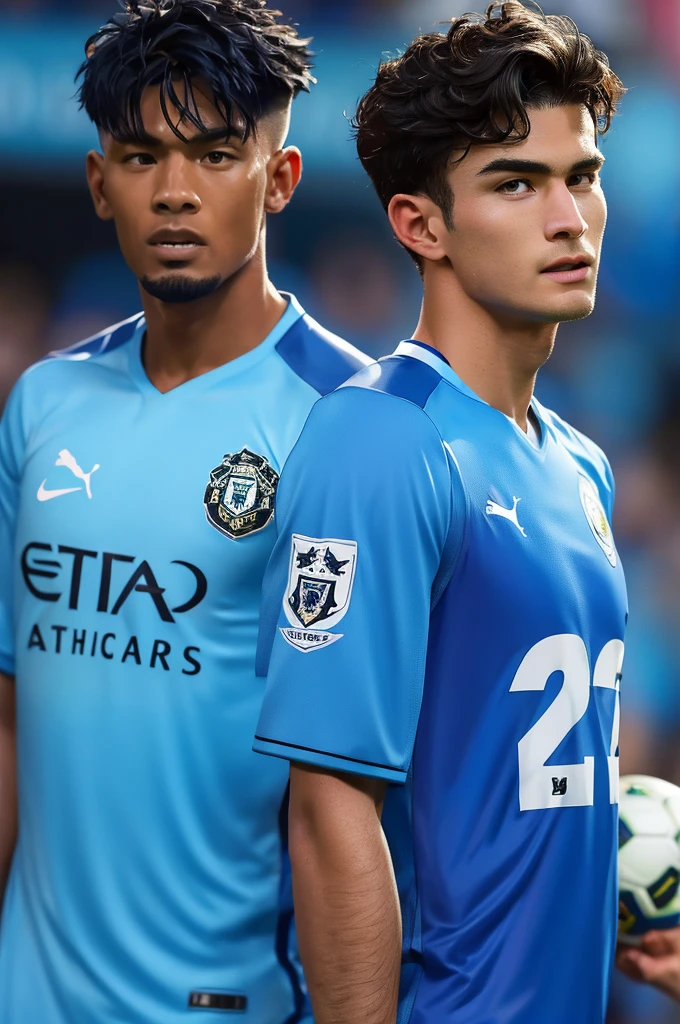 {{{Manchester United}}}, light, {{nike red soccer jersey}}, {{{best quality}}}, {{{realistic}}}, Detailed facial description, realistic 눈동자, {{2 handsome men}}, realistic 유니폼 주름, well proportioned, {{{Manchester City}}}, {{{puma light blue soccer jersey}}}, {{{back to back}}}, {{{soccer stadium}}}, football