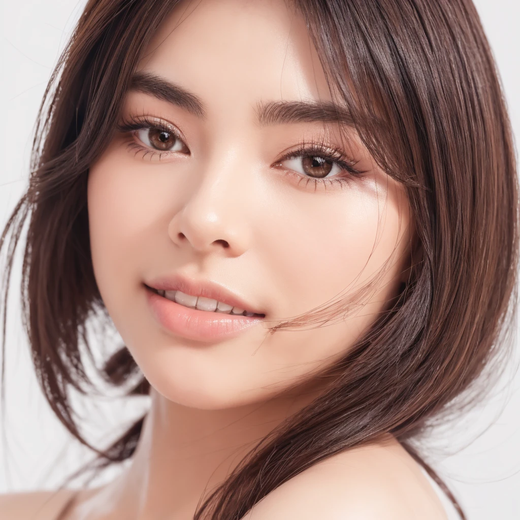 single Japanese woman, solo portrait, eyelash salon model, studio portrait, pure white background, left profile view (90 degrees), impressive eyebrows and eyelashes, high-quality, photorealistic, one face only, clean minimalist setting, detailed eyes with clear dark pupils, visible white teeth, gentle smile, sharp focus on facial features, ultra-high resolution, 8K, professional lighting