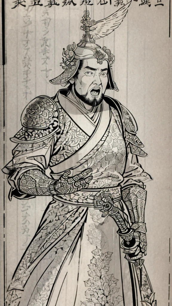 (((Monochrome)))、(((Man with open mouth)))、（（Men in ancient China））、（Ink Painting）、Highest quality、masterpiece、Ultra-high resolution、(Realistic:1.4)、Game Poster、Three bearded men of the kingdom,Oriental、As seen in the Romance of the Three Kingdoms々military commander、Crisp and beautiful image quality ,(((metal armor, metal dragon head on the shoulder, Holding a sword, (Skin of color, ), (metal armor with intricate pattern:1.2)))、 gloves, Long trousers, (Very detailed, bloom:1.5), (Highest quality, Concept Art, 4K), (analog:1.2), (high sharpness), (Detailed pupil:1.1),, Detailed face and eyes, masterpiece, Highest quality, (Very detailed:1.1), 8k, photoRealistic, (PurerosFace_v1:0.2), [:(Detailed face:1.2):0.2], sharp, Realistic, Realistic Shadow, 