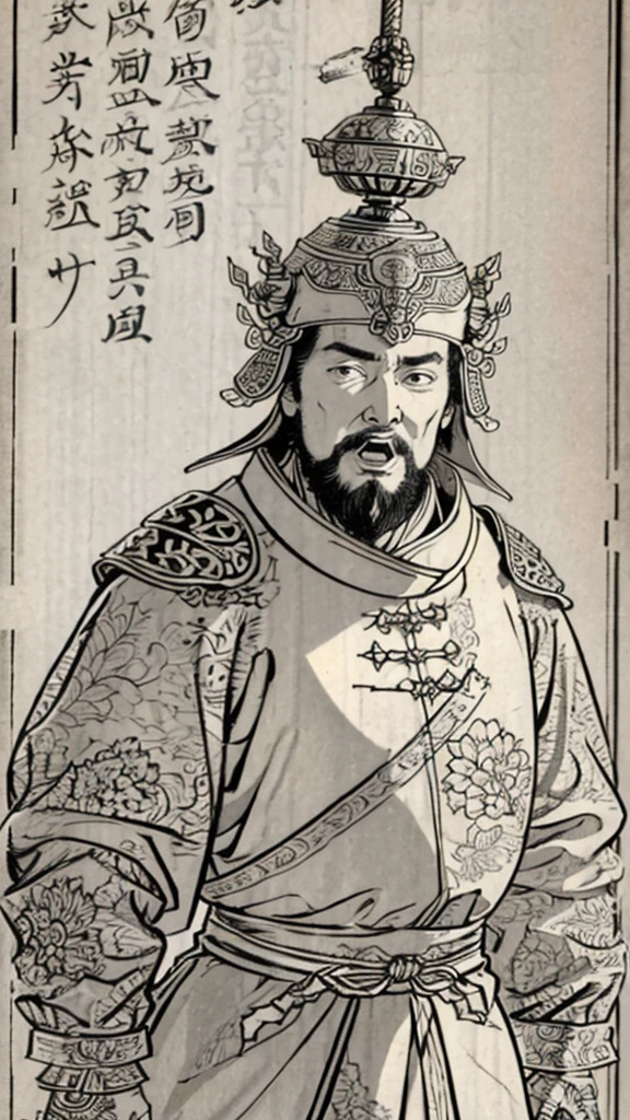 (((Monochrome)))、(((Man with open mouth)))、（（Men in ancient China））、（Ink Painting）、Highest quality、masterpiece、Ultra-high resolution、(Realistic:1.4)、Game Poster、Three bearded men of the kingdom,Oriental、As seen in the Romance of the Three Kingdoms々military commander、Crisp and beautiful image quality ,(((metal armor, metal dragon head on the shoulder, Holding a sword, (Skin of color, ), (metal armor with intricate pattern:1.2)))、 gloves, Long trousers, (Very detailed, bloom:1.5), (Highest quality, Concept Art, 4K), (analog:1.2), (high sharpness), (Detailed pupil:1.1),, Detailed face and eyes, masterpiece, Highest quality, (Very detailed:1.1), 8k, photoRealistic, (PurerosFace_v1:0.2), [:(Detailed face:1.2):0.2], sharp, Realistic, Realistic Shadow, 